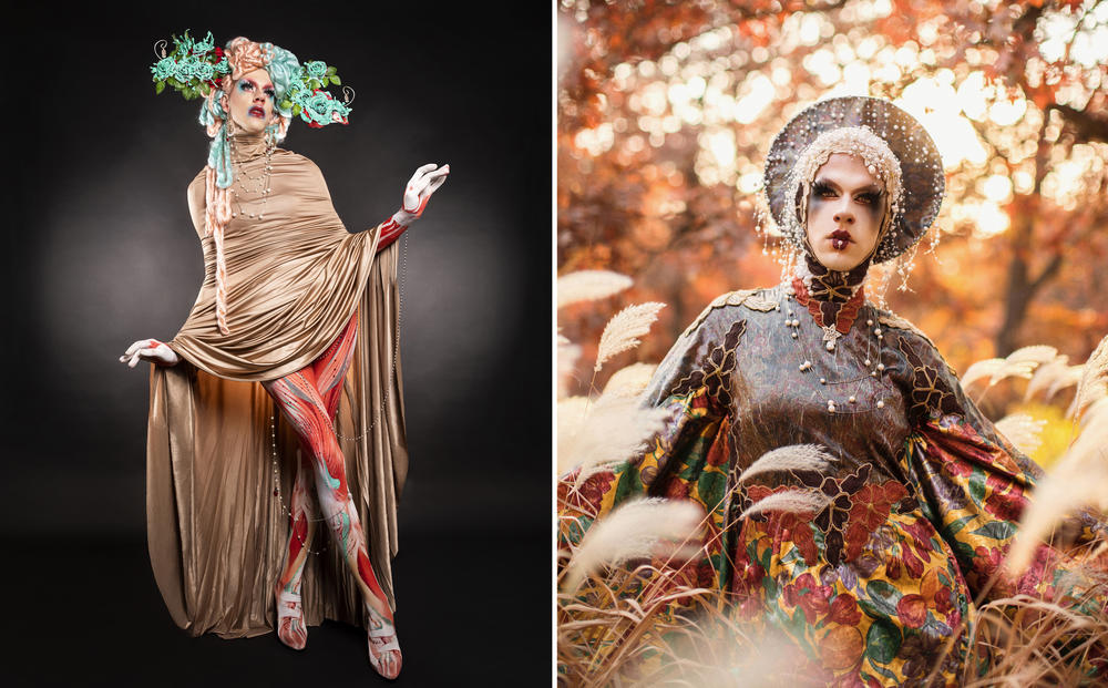 Drag queen Utica collaborated with photographer Liam James Doyle to capture some of the looks from her run on the reality competition show <em>RuPaul's Drag Race</em>, including her skin-inspired creation made for a makeover challenge (left) and her lamé look, inspired by religious figures in art.