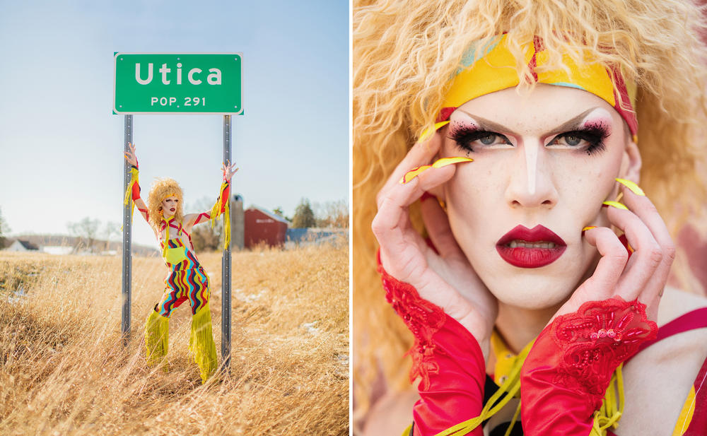 Drag queen Utica — in styles she designed for <em>Drag Race</em> — worked with photographer Liam James Doyle to capture images in her hometown and family farm in rural Minnesota.