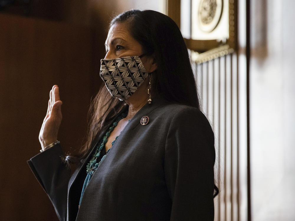 Rep. Deb Haaland D-N.M., sworn in during a Senate Committee hearing on Feb. 23 in Washington, D.C. She was confirmed as first Native American Interior Secretary on Mar. 15.