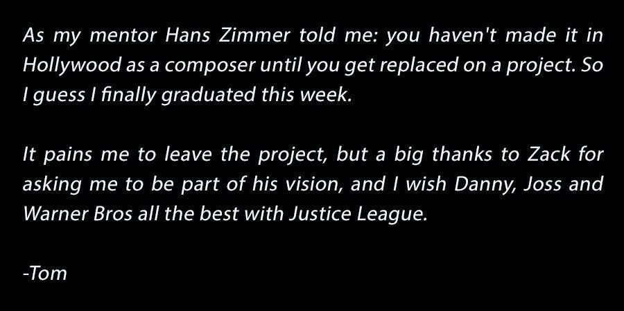 Tom Holkenborg's official statement, posted on Twitter June 14, 2017, after he was fired from <em>Justice League</em>.