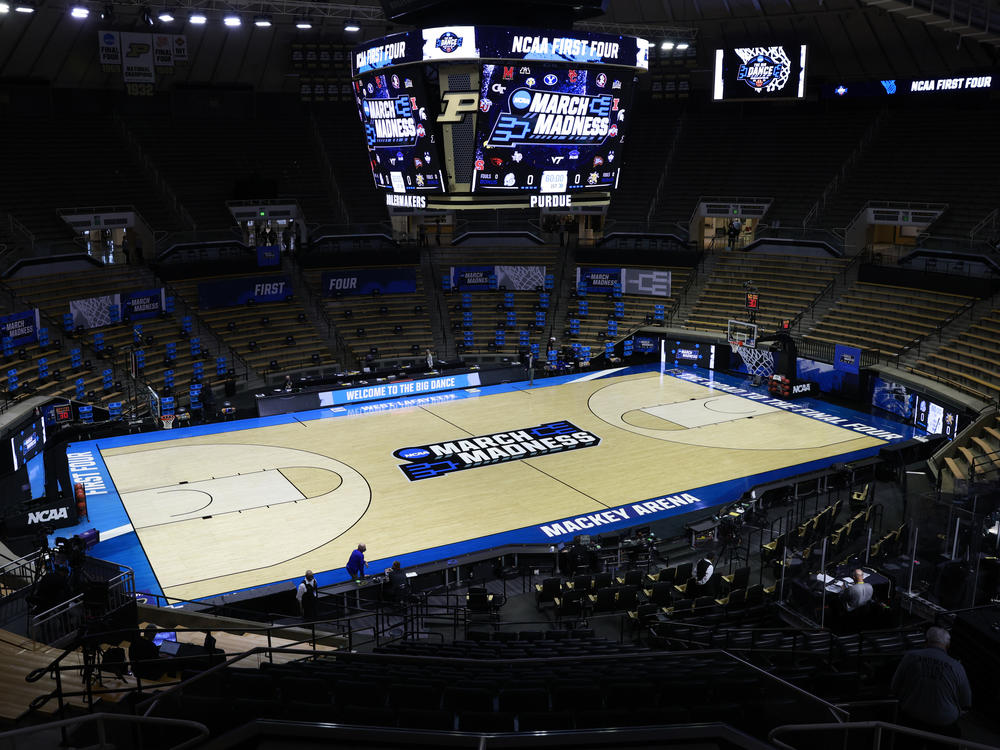 All men's NCAA Basketball Tournament games are being held in Indiana in a makeshift coronavirus bubble. Purdue's Mackey Arena in West Lafayette is hosting some of the early games.