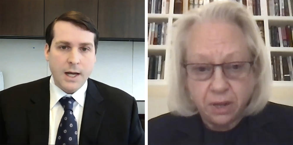 David (L) and Kathe Sackler (R), members of the family that owns Purdue Pharma testifies via video to a House Oversight Committee hearing Thursday, Dec. 17, 2020. Members of the family that owns OxyContin maker Purdue Pharma have acknowledged the drug had a role in the opioid crisis but have stopped short of apologizing or admitting wrongdoing.