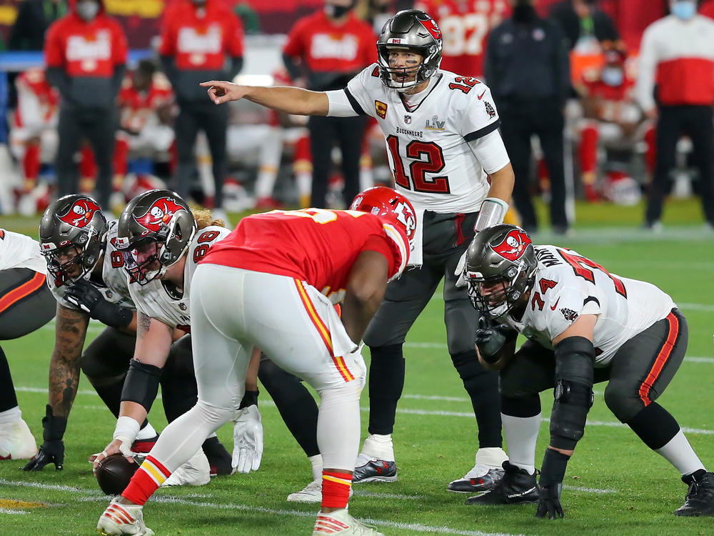 Tom Brady (12) of the Tampa Bay Buccaneers plays during the Super Bowl LV game against the Kansas City Chiefs in February.