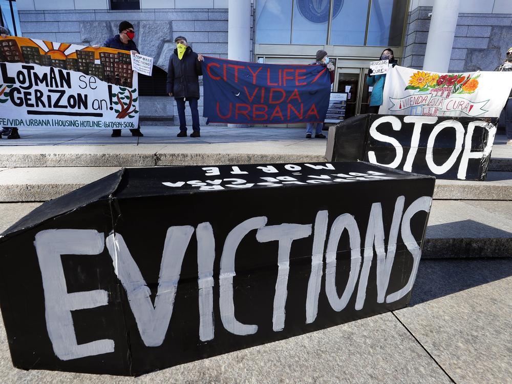 Tenants' rights advocates demonstrated in Boston in January, calling on the Biden administration to extend the CDC eviction moratorium.