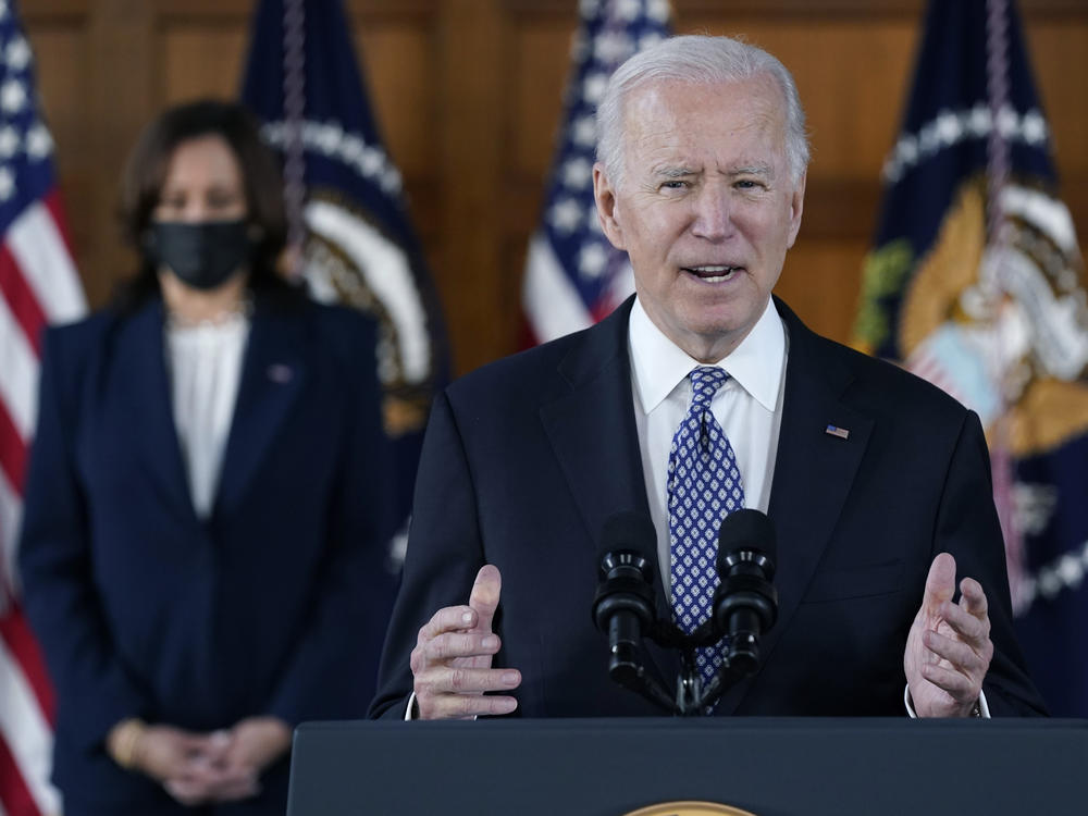 President Biden and Vice President Harris appear in Atlanta after meeting with leaders from Georgia's Asian American and Pacific Islander community on Friday.