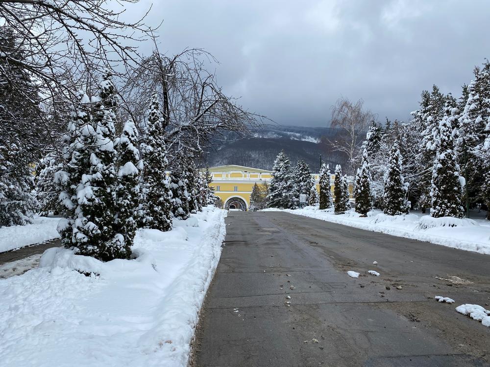 A golden arch marks the entrance to Nu Boyana Film Studios, nestled into the side of Vitosha Mountain in Sofia.