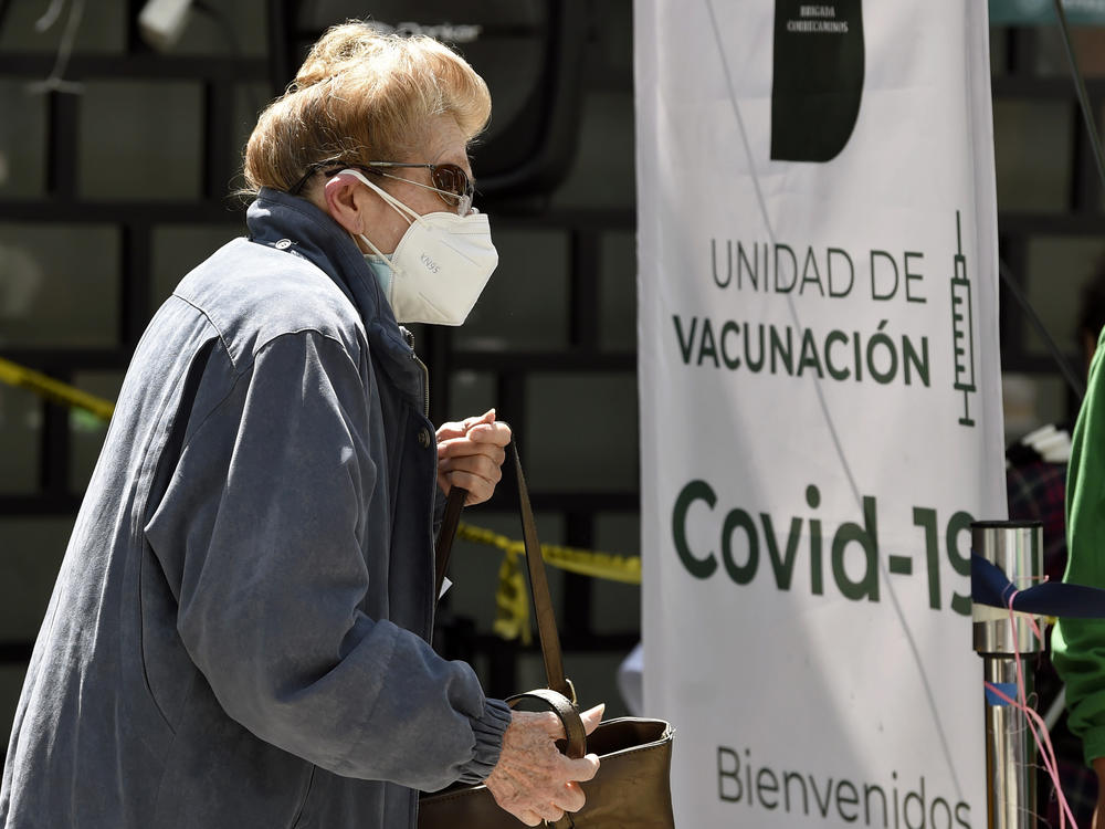 A woman lines up to receive the AstraZeneca vaccine in Mexico City on Feb. 17.