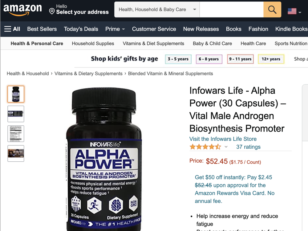 Through Amazon, Infowars sells a variety of dietary supplements such as 