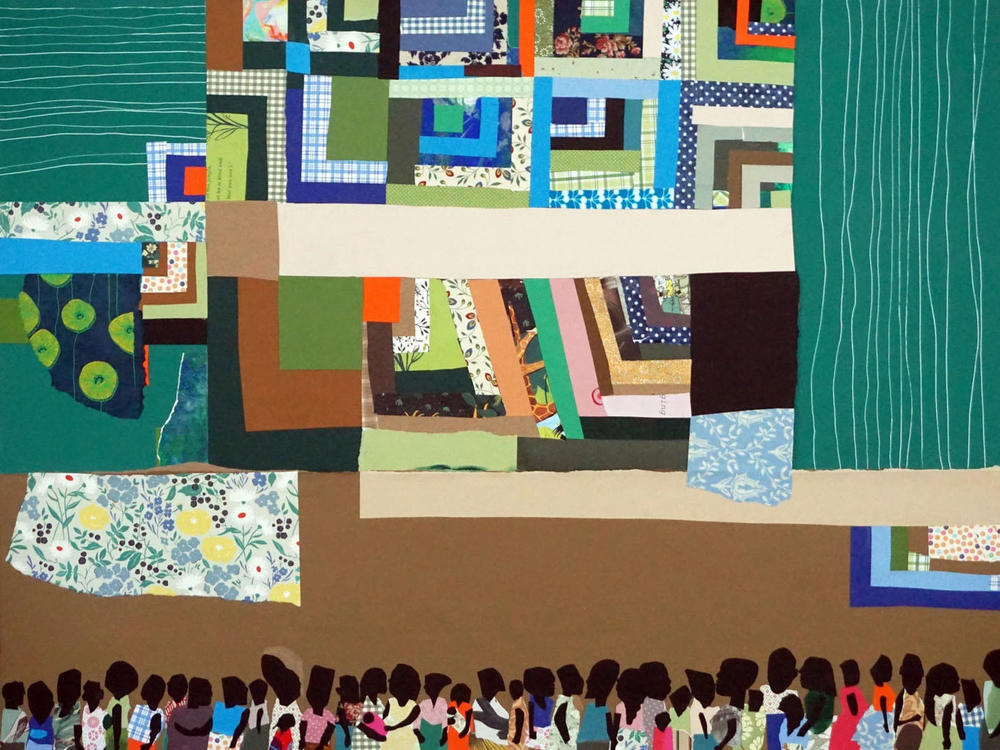 James E. Ransome, <em>Quilt Folks, </em>acrylic and paper collage