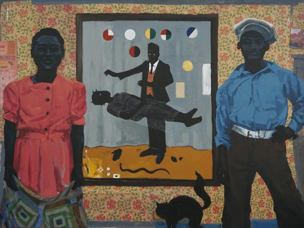 James E. Ransome,<em> </em><em>Who should own Black Art, </em>acrylics and collage on canvas