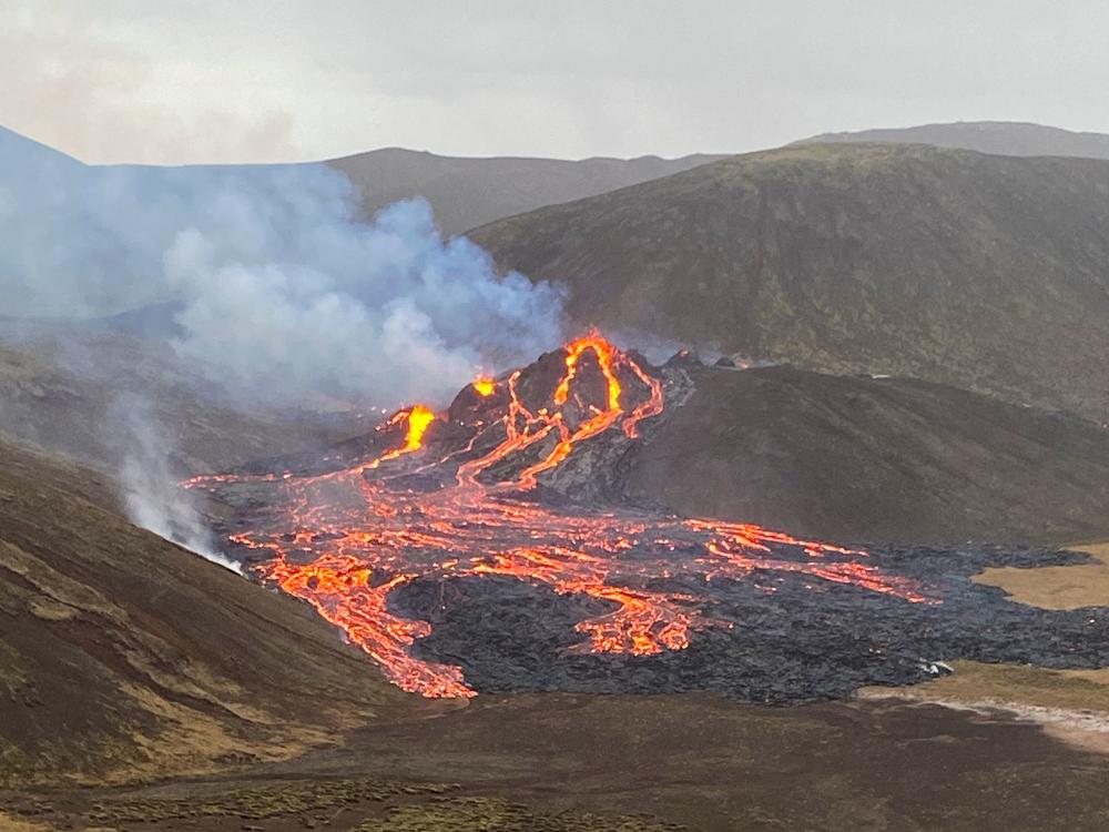 Lava flows Saturday from the Fagradalsfjall volcano on Iceland's Reykjanes Peninsula. The long-dormant volcano erupted Friday evening.
