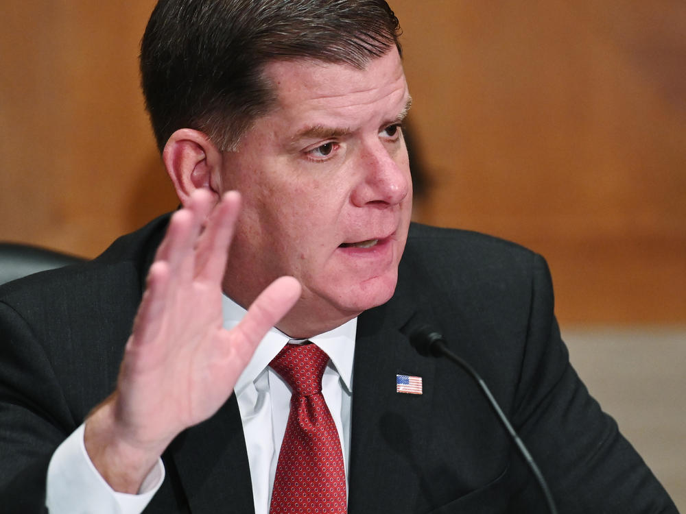 Marty Walsh is seen testifying at his confirmation hearing before the Senate Health, Education, Labor, and Pensions Committee as part of his nomination to head the Labor Department on Feb. 4 in Washington, D.C. Walsh was confirmed by the Senate as the Labor secretary on Monday.
