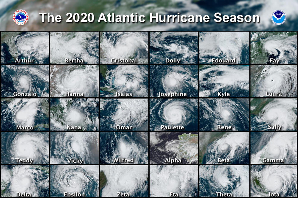 This combination of satellite images provided by the National Hurricane Center shows the 30 named storms that developed during the 2020 Atlantic hurricane season.