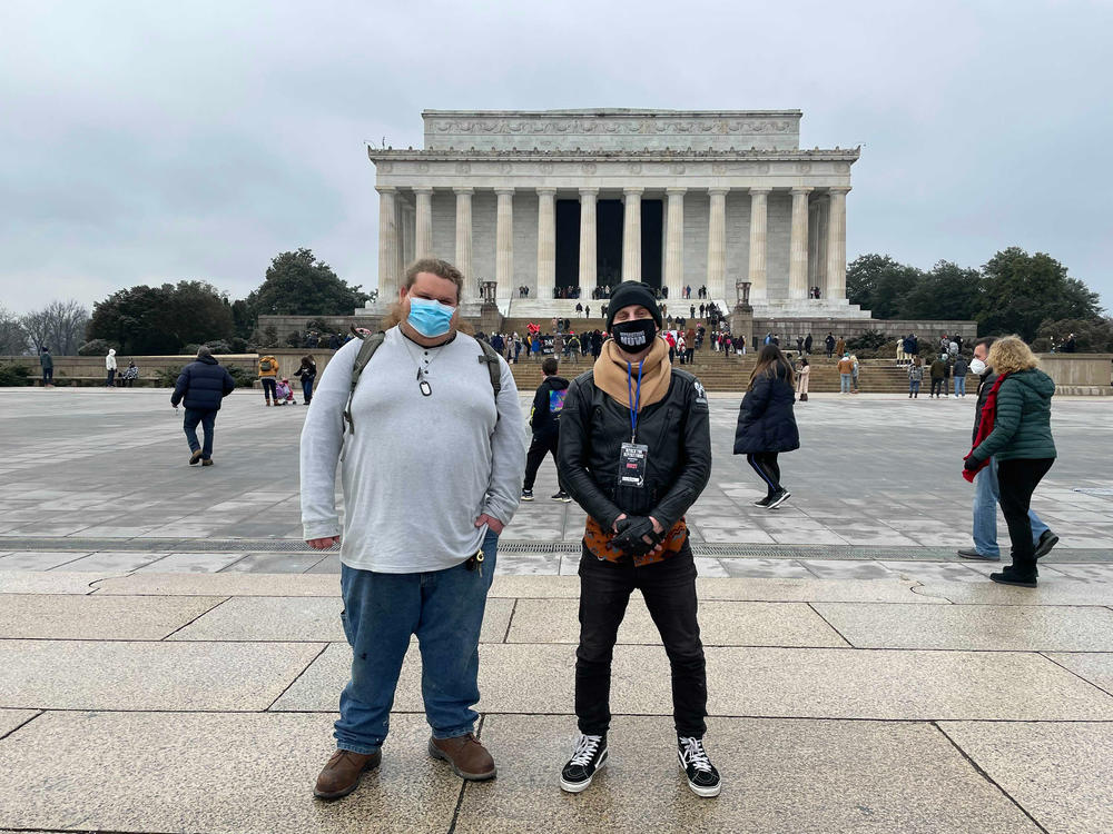 Distant cousins Cody (left) and Andrew meet in Washington, D.C. Cody is a member of a Three Percenter-affiliated militia group, and Andrew is an organizer with Black Lives Matter activists. The two connected on Facebook and have gotten to know each other while researching their ancestry.