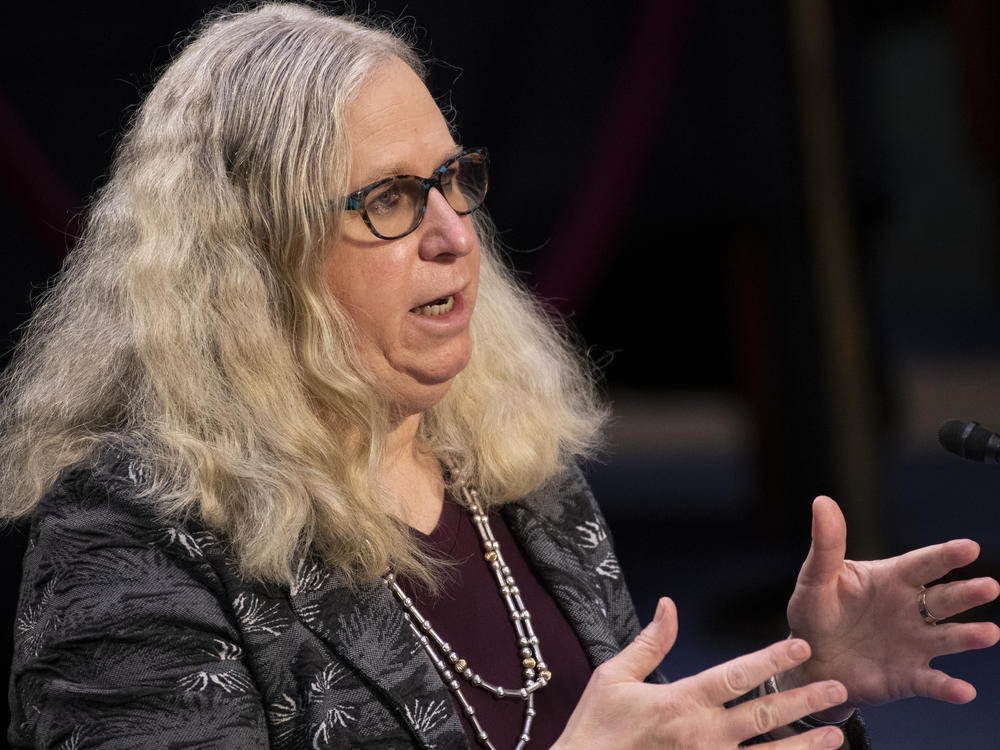 Dr. Rachel Levine testifies last month at the Senate confirmation hearing for her nomination as assistant secretary for health. Levine previously was Pennsylvania's secretary of health.