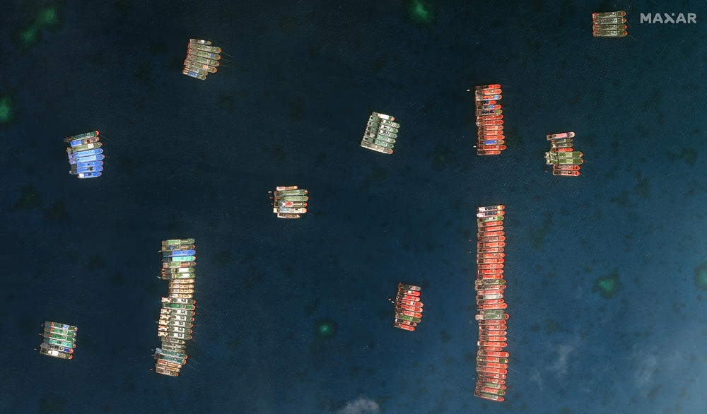 Closer view of Whitsun Reef and fishing vessels that appear lashed together near the reef on March 23. At the time they were observed, Asian maritime analyst Jay Batongbacal says they appear to be stationary, 