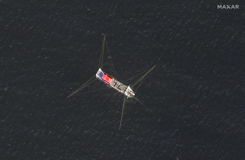 View of a fishing trawler moored off of Whitsun Reef on March 23, 2021.  The Chinese insist that the nearly 200 boats observed around the reef are strictly fishing vessels that had massed only to shelter from rough seas.