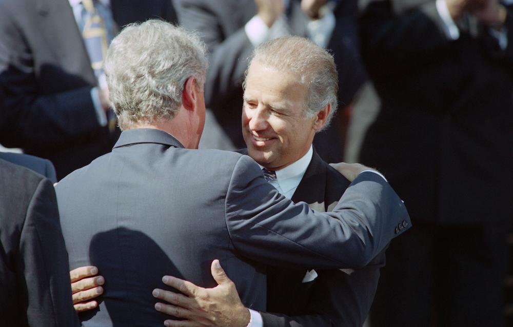Then-President Bill Clinton  hugs then-Sen. Joe Biden on Sept. 13, 1994, during a signing ceremony for the crime bill on the South Lawn of the White House.