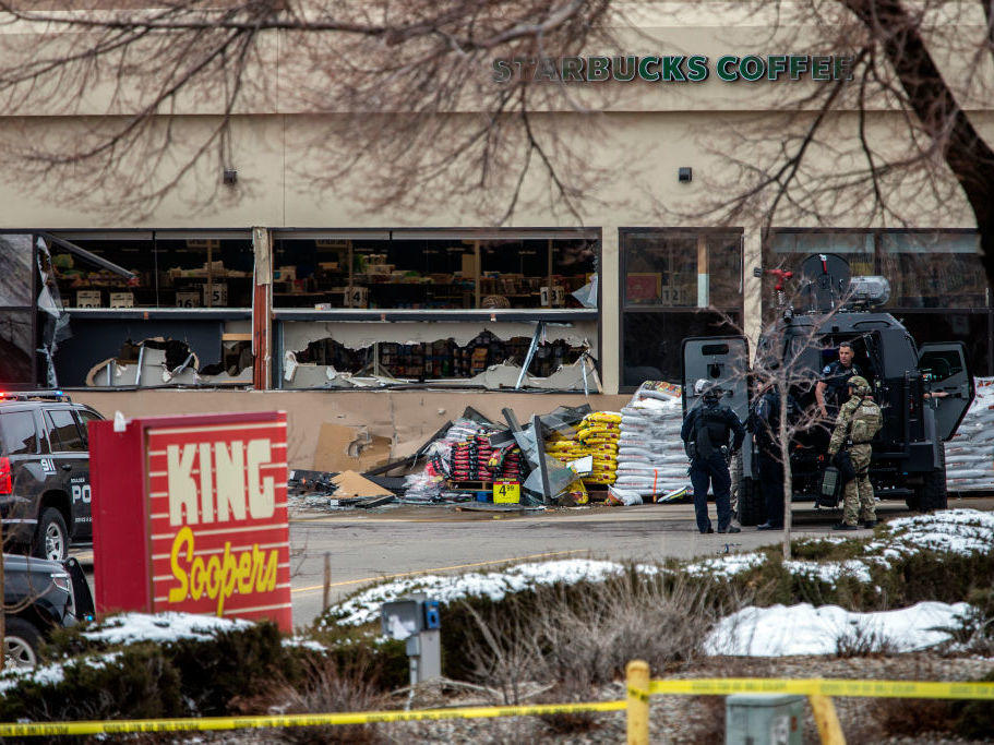 Tactical police units respond to the scene of a King Soopers grocery store after a shooting on March 22, 2021 in Boulder, Colorado.