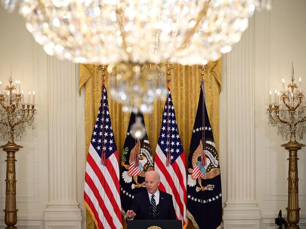 President Biden speaks during his first press briefing in the East Room of the White House on Thursday.