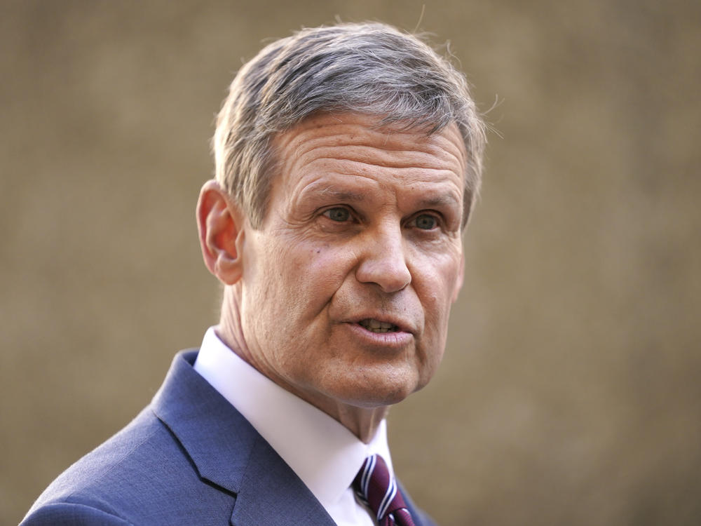 Tennessee Gov. Bill Lee speaks to reporters on Jan. 19, 2021, in Nashville, Tenn. Lee has signed into law a bill that bans transgender athletes from participating in girls' sports.