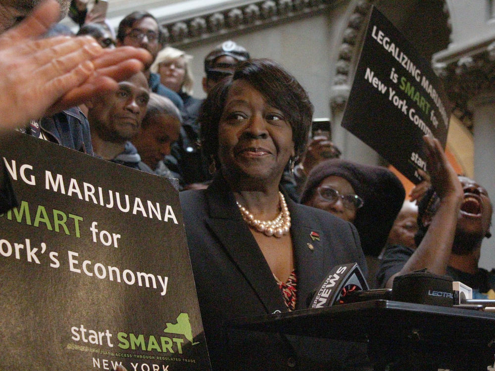 Assemblywoman Crystal Peoples-Stokes, a Democrat who represents Buffalo, speaks at a January 2020 rally for marijuana legalization at the New York state Capitol in Albany.