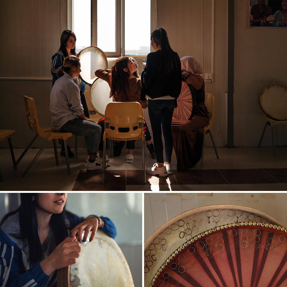 Top: Yazidi folk musicians practice a traditional song from Sinjar. Left: A Yazidi folk musician holds a traditional <em>daf</em> drum. Right: Close-up of <em>dafs</em>.