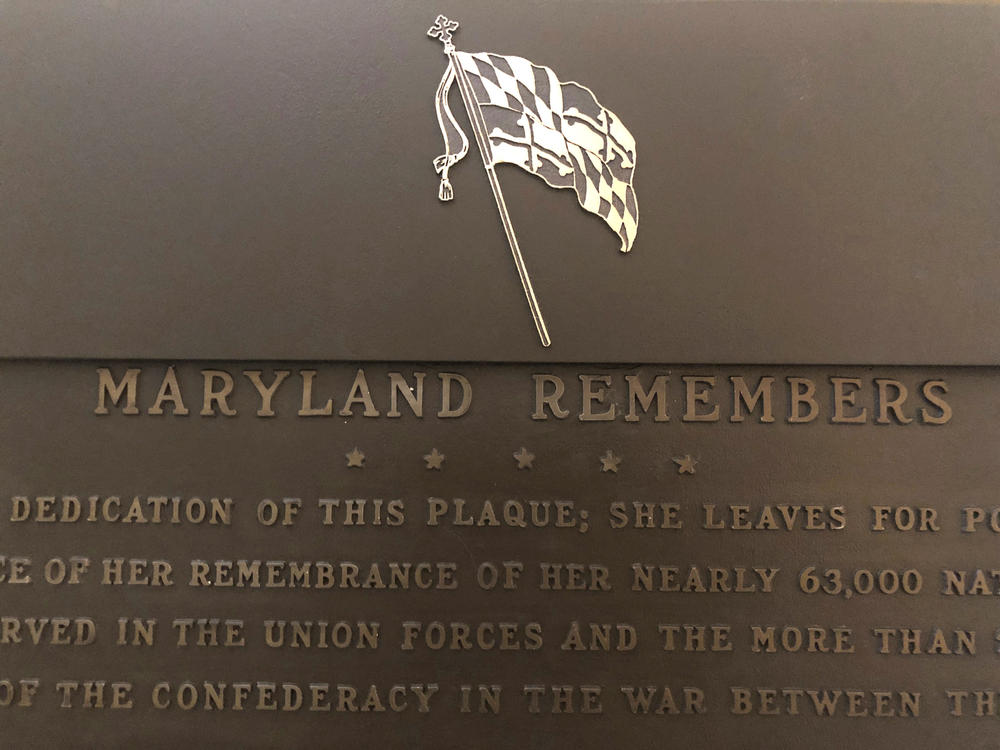 The Maryland state flag adorns a plaque in Annapolis commemorating residents who fought in the Civil War. The U.S. and Confederate flags once occupied the spot.