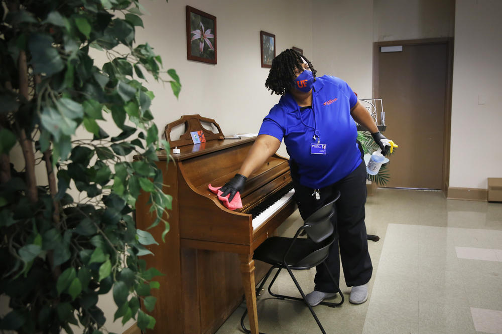 Little spends much of her time wiping down surfaces, including tables, door handles, blinds, a piano; 