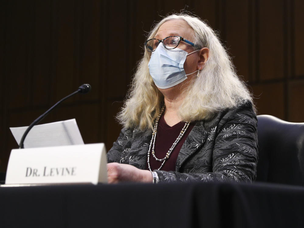 Dr. Rachel Levine during her confirmation hearing in February. In an NPR interview Thursday, Levine questions state measures limiting transgender rights.