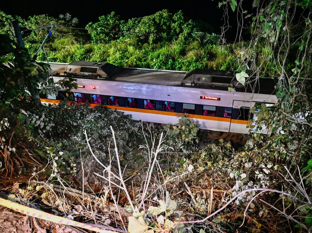 A section of a train that derailed inside a tunnel in the mountains of Hualien in eastern Taiwan on Friday.