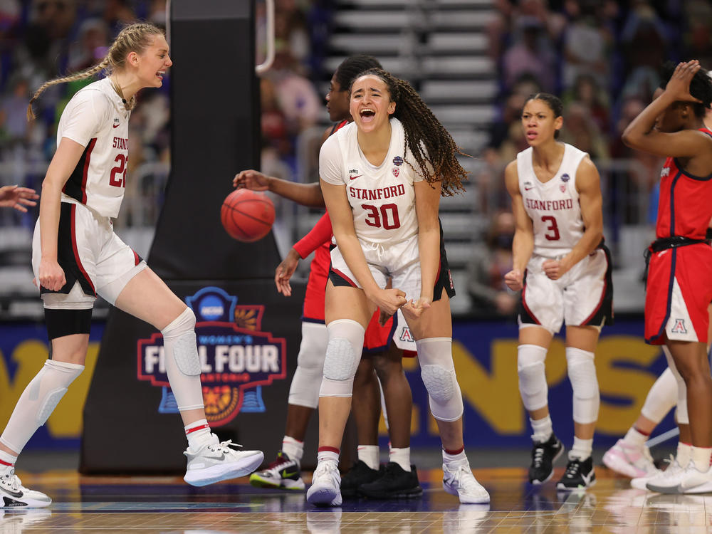 Haley Jones #30 of the Stanford Cardinal celebrates a win against the Arizona Wildcats in the national championship game of the 2021 NCAA Women's Basketball Tournament on Sunday in San Antonio.