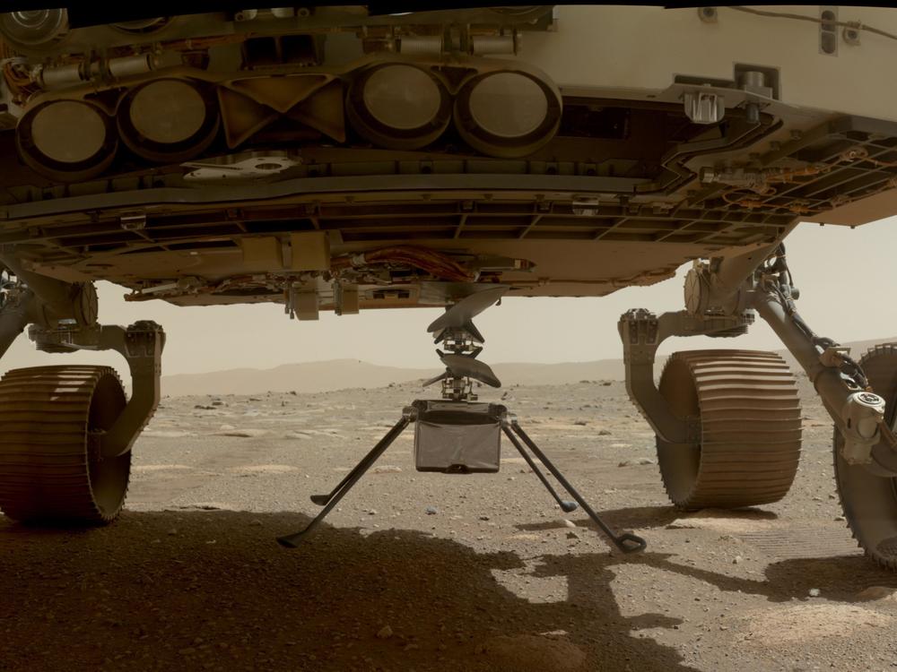 NASA's Ingenuity helicopter with all four of its legs deployed before dropping from the belly of the Perseverance rover on March 30, 2021.