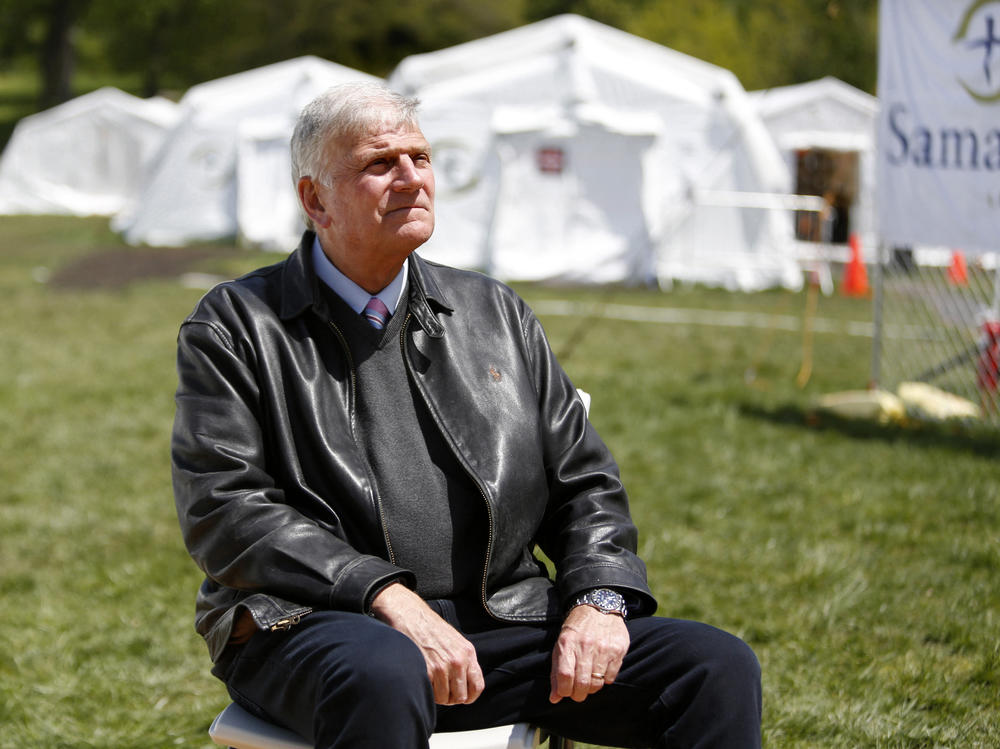 The Rev. Franklin Graham, president and CEO of Samaritan's Purse, sits for a portrait at his group's field hospital in New York's Central Park in May. Graham has spoken out in support of COVID-19 vaccines.