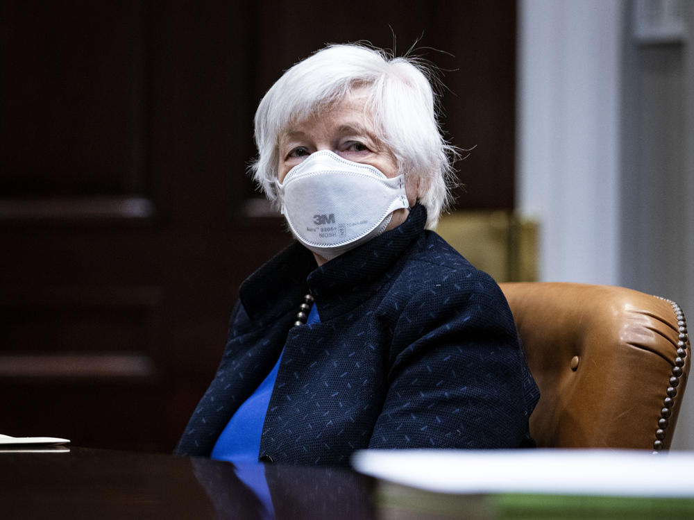 Treasury Secretary Janet Yellen listens during a meeting with President Biden in the White House on March 5. Yellen on Monday proposed a minimum global tax rate for corporations.