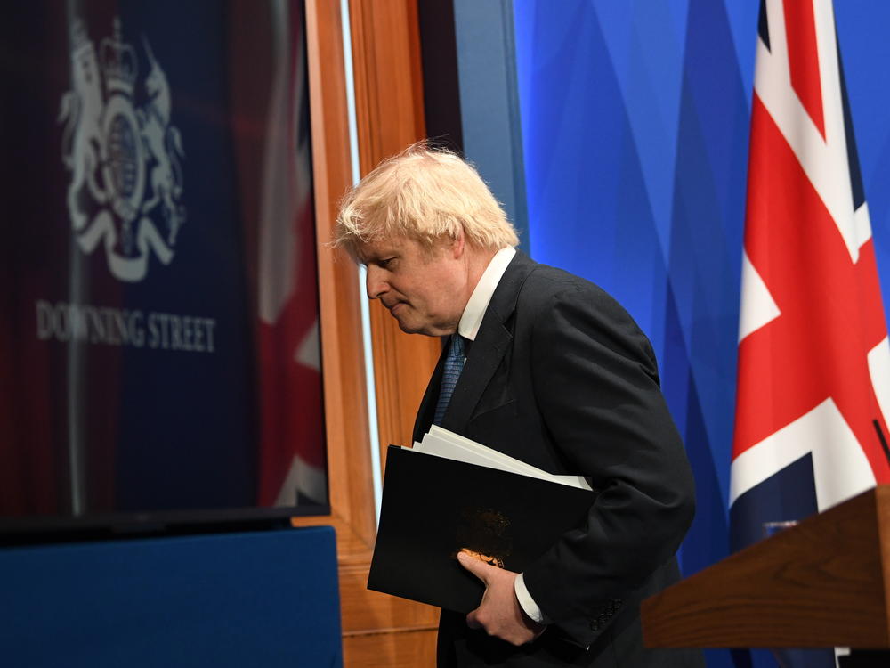 British Prime Minister Boris Johnson following a media briefing on COVID-19 in Downing Street, Monday in London.