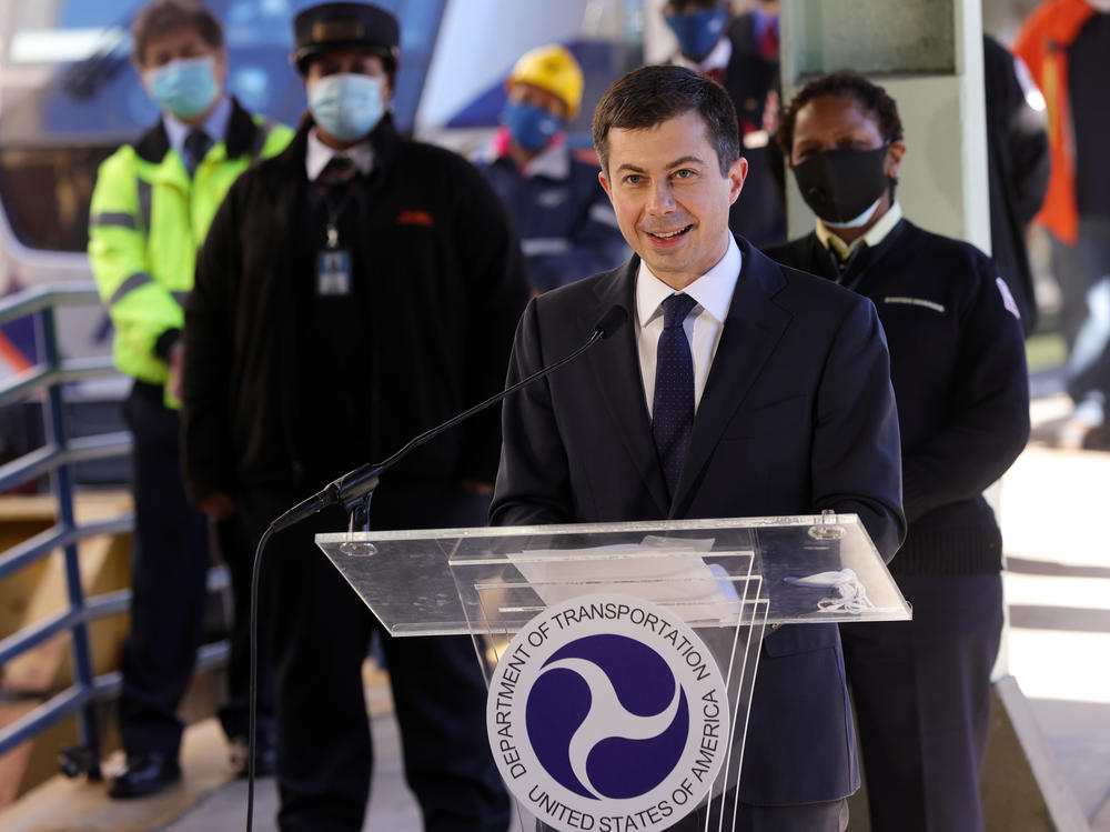 Transportation Secretary Pete Buttigieg speaks to Amtrak employees during a February visit to Union Station in Washington, D.C.