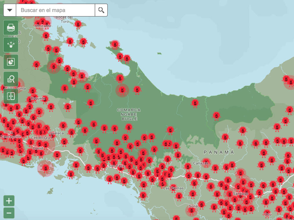 Doviaza's maps overlay the daily number of COVID cases reported by the health ministry (depicted as the spike protein of the virus, shown in red) with locations of indigenous communities (dark green).
