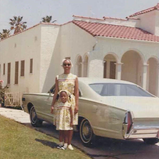 Mary, age 4, with her mother, Joyce, 36, beside their family car in 1967 Los Angeles.
