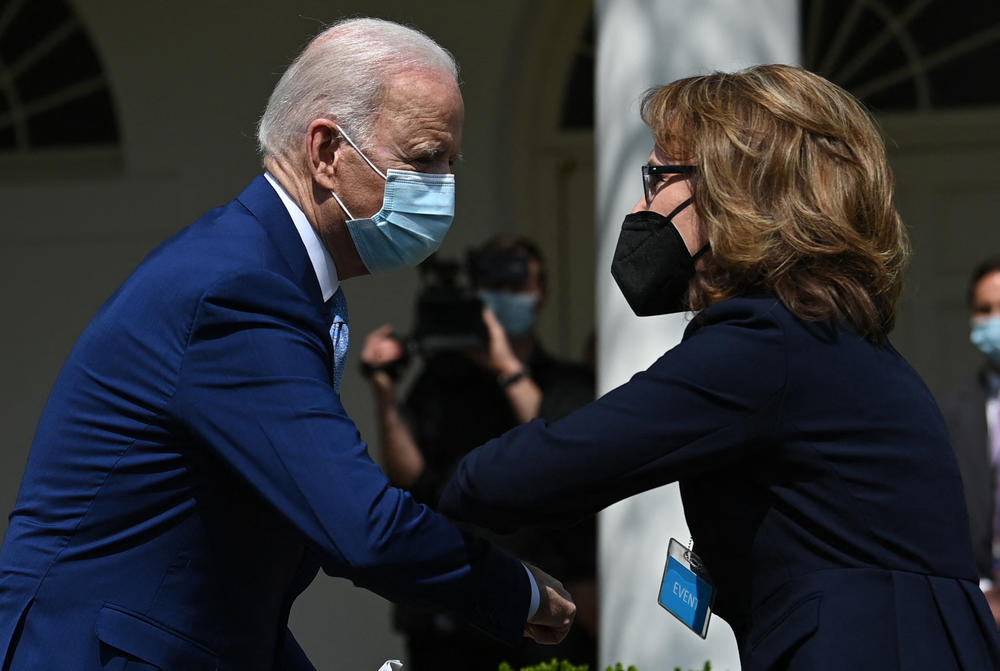 Biden greets former U.S. Rep. Gabrielle Giffords after speaking Thursday about gun violence prevention in the White House Rose Garden. Giffords and other advocates in favor of stricter gun laws attended the announcement.