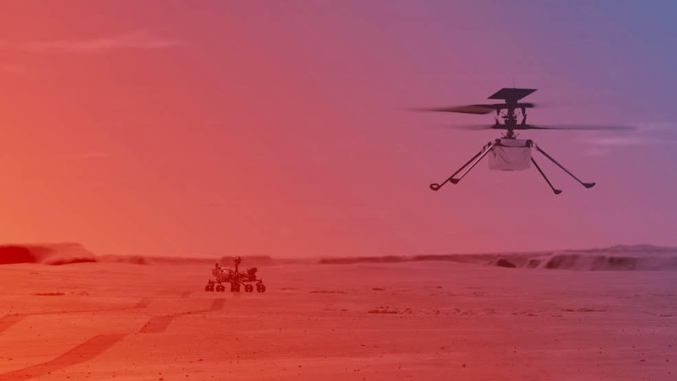 An illustration of how NASA had planned the Ingenuity helicopter to fly over Mars.