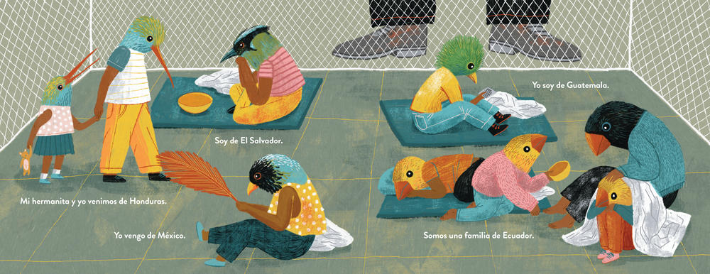 Warren Binford's picture book includes an illustration of detained children depicted as caged birds. (Excerpted from <em>Hear My Voice/Escucha mi voz</em>. Foreword by Michael Garcia Bochenek; Compiled by Warren Binford; Workman Publishing. Copyright 2021.)