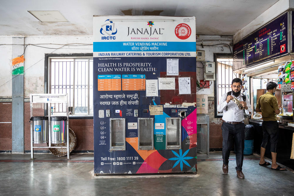 Mumbai has installed dozens of water ATMs — metal coolers that automatically dispense drinking water — at railway stations. While the price you'd pay for water is less expensive than bottled water, there is a fee. This water ATM is inside the Masjid Bandar railway station.