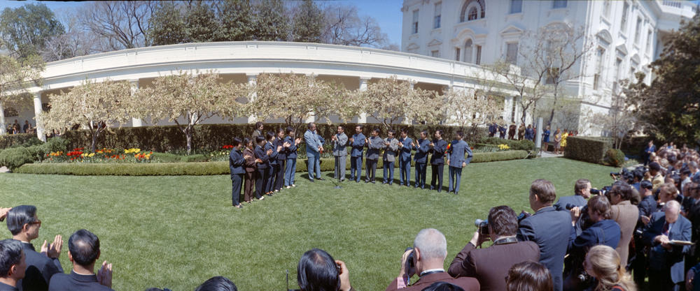 President Richard Nixon greets officials and members of the U.S. and Chinese table tennis teams at the White House on April 18, 1972.