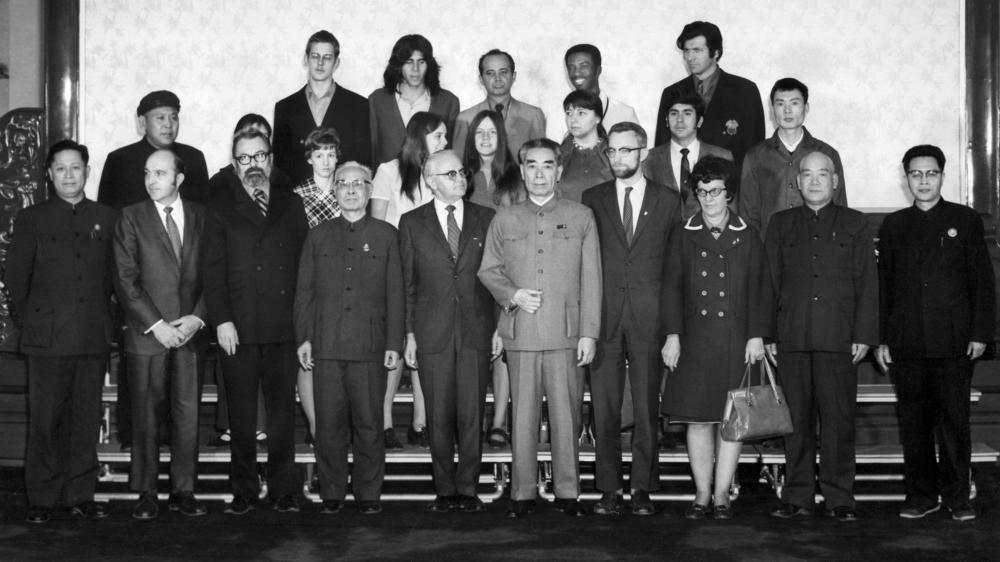 A delegation of U.S. table tennis players pose with Chinese Premier Zhou Enlai (center) in Beijing in April 1971.
