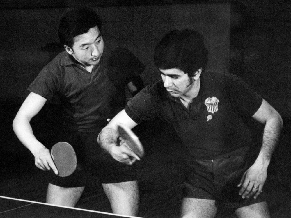 Chinese and U.S. table tennis players train together in April 1971 in Beijing. April 10 marks the 50th anniversary of what became known as pingpong diplomacy between the two nations.