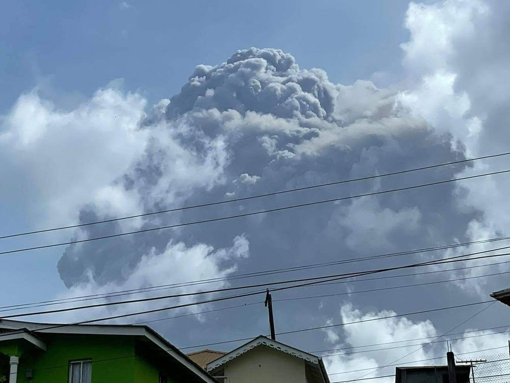 A photo of La Soufrière erupting Friday in St. Vincent. The blast could be sending ash as far as Jamaica and South America.