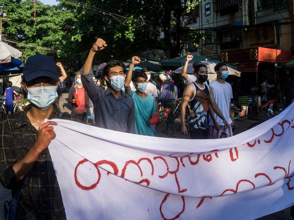 Protesters march during a demonstration against the military coup in Yangon, Myanmar, on Sunday.