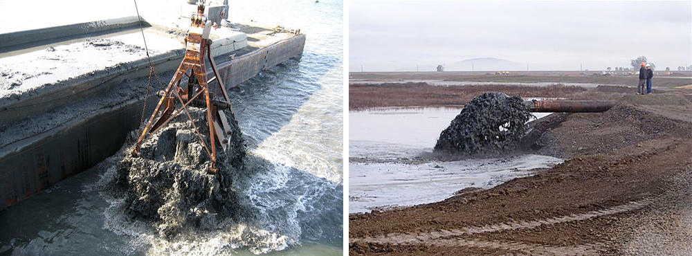 The Army Corps of Engineers releases two-thirds of dredged sediment at disposal sites. Using it for restoration, like at the Hamilton Wetland Restoration Project in San Francisco Bay (right), is generally more costly.