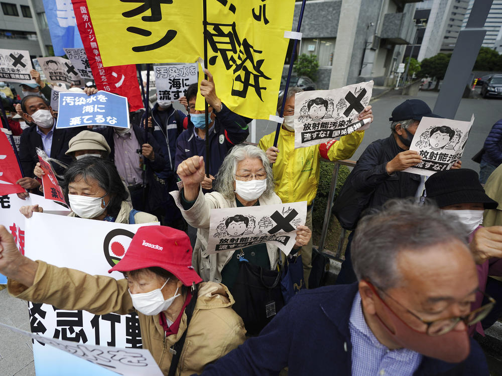 People in Tokyo protest a decision to start releasing into the ocean massive amounts of treated wastewater from the Fukushima nuclear plant. The plant was damaged in a 2011 earthquake and tsunami.